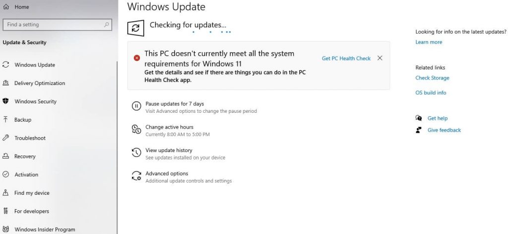 Windows 11 OS update check